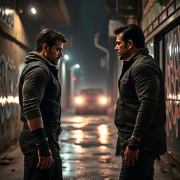 A dramatic and intense scene depicting a fictional confrontation between two characters, Arjun and Salman Khan, in a cinematic style