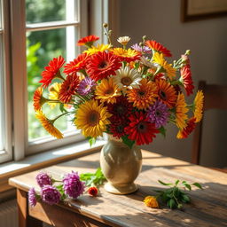 A beautifully arranged still life featuring an assortment of colorful flowers in a vintage vase, placed on a rustic wooden table