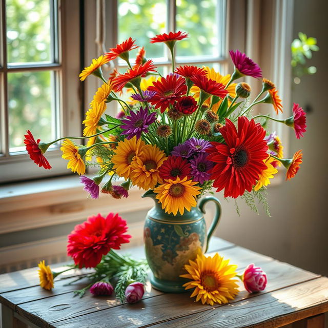 A beautifully arranged still life featuring an assortment of colorful flowers in a vintage vase, placed on a rustic wooden table