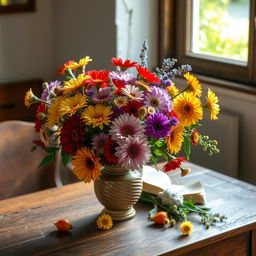 A beautifully arranged still life featuring an assortment of colorful flowers in a vintage vase, placed on a rustic wooden table