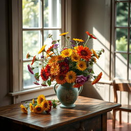 A beautifully arranged still life featuring an assortment of colorful flowers in a vintage vase, placed on a rustic wooden table