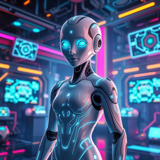 A futuristic AI character with a sleek and luminous design, featuring holographic elements