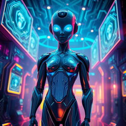 A futuristic AI character with a sleek and luminous design, featuring holographic elements