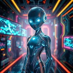A futuristic AI character with a sleek and luminous design, featuring holographic elements
