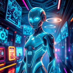 A futuristic AI character with a sleek and luminous design, featuring holographic elements