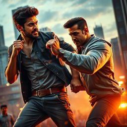 A dramatic action scene depicting a fictional character named Arjun engaging in a tense confrontation with a celebrity figure resembling Salman Khan