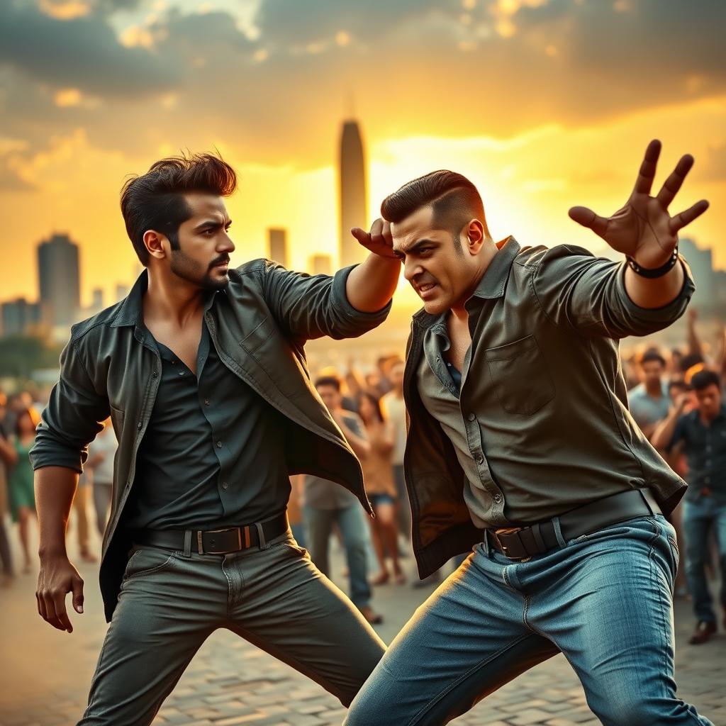 A dramatic action scene depicting a fictional character named Arjun engaging in a tense confrontation with a celebrity figure resembling Salman Khan