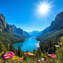 A beautifully edited, vibrant photo of a serene landscape featuring a crystal-clear lake surrounded by towering mountains under a bright blue sky