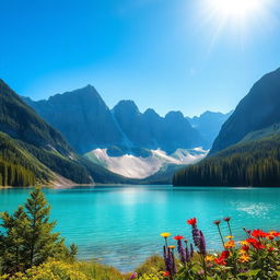A beautifully edited, vibrant photo of a serene landscape featuring a crystal-clear lake surrounded by towering mountains under a bright blue sky
