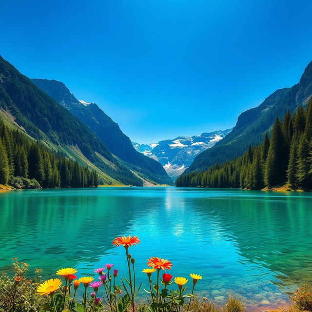 A beautifully edited, vibrant photo of a serene landscape featuring a crystal-clear lake surrounded by towering mountains under a bright blue sky