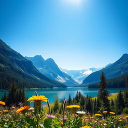 A beautifully edited, vibrant photo of a serene landscape featuring a crystal-clear lake surrounded by towering mountains under a bright blue sky