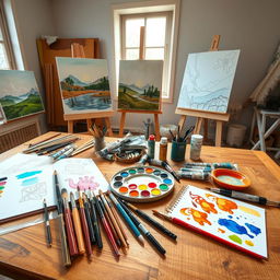A whimsical and vibrant scene depicting a collection of various art supplies laid out on a large wooden artist's table