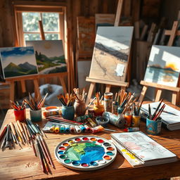 A whimsical and vibrant scene depicting a collection of various art supplies laid out on a large wooden artist's table
