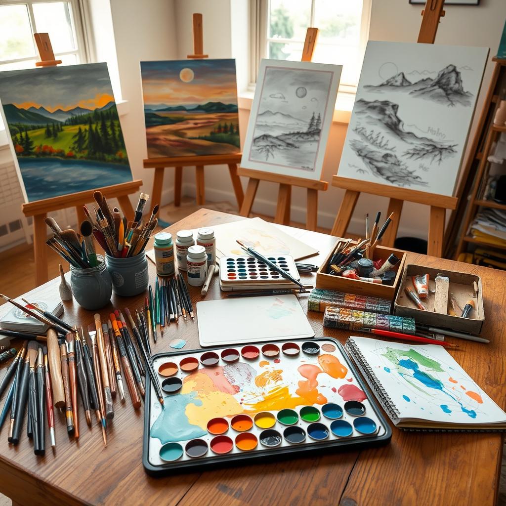 A whimsical and vibrant scene depicting a collection of various art supplies laid out on a large wooden artist's table