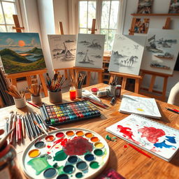 A whimsical and vibrant scene depicting a collection of various art supplies laid out on a large wooden artist's table