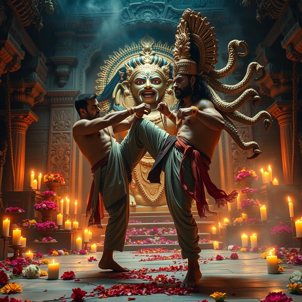 A dramatic scene depicting a fictional character based on Salman Khan, a famous Bollywood actor, executing a powerful kick towards a mythical creature inspired by Brahma, the Hindu deity known for creation