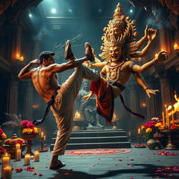 A dramatic scene depicting a fictional character based on Salman Khan, a famous Bollywood actor, executing a powerful kick towards a mythical creature inspired by Brahma, the Hindu deity known for creation