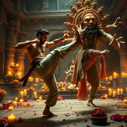 A dramatic scene depicting a fictional character based on Salman Khan, a famous Bollywood actor, executing a powerful kick towards a mythical creature inspired by Brahma, the Hindu deity known for creation
