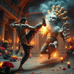 A dramatic scene depicting a fictional character based on Salman Khan, a famous Bollywood actor, executing a powerful kick towards a mythical creature inspired by Brahma, the Hindu deity known for creation