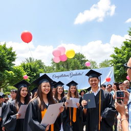 A serene graduation ceremony taking place outdoors under a sunny sky