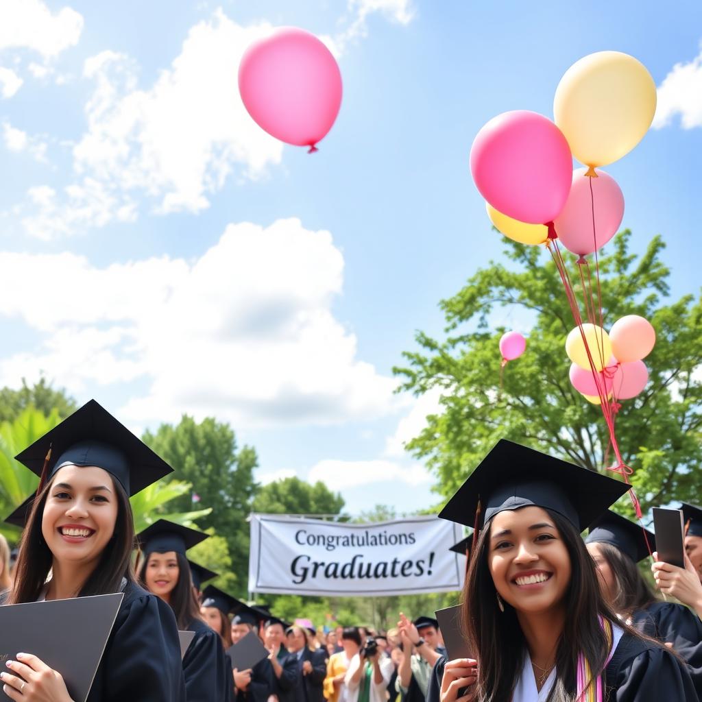 A serene graduation ceremony taking place outdoors under a sunny sky