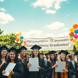 A serene graduation ceremony taking place outdoors under a sunny sky