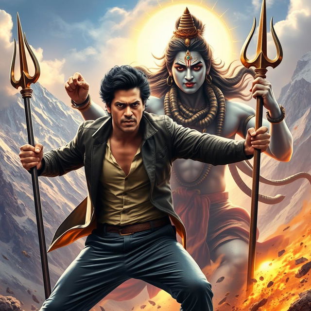 A dynamic scene depicting Shahrukh Khan, a charismatic Bollywood actor, in an epic battle against Lord Shiva, the Hindu deity known for his cosmic power and divine presence