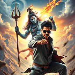 A dynamic scene depicting Shahrukh Khan, a charismatic Bollywood actor, in an epic battle against Lord Shiva, the Hindu deity known for his cosmic power and divine presence