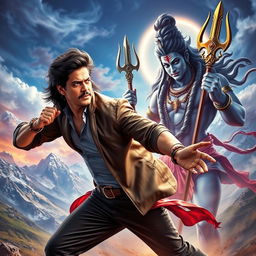 A dynamic scene depicting Shahrukh Khan, a charismatic Bollywood actor, in an epic battle against Lord Shiva, the Hindu deity known for his cosmic power and divine presence