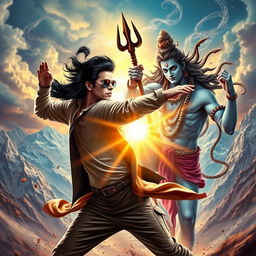 A dynamic scene depicting Shahrukh Khan, a charismatic Bollywood actor, in an epic battle against Lord Shiva, the Hindu deity known for his cosmic power and divine presence