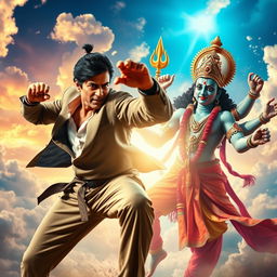 A dramatic and dynamic scene depicting a fictional fight between the iconic Bollywood star Shahrukh Khan and the Hindu deity Lord Vishnu