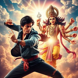 A dramatic and dynamic scene depicting a fictional fight between the iconic Bollywood star Shahrukh Khan and the Hindu deity Lord Vishnu