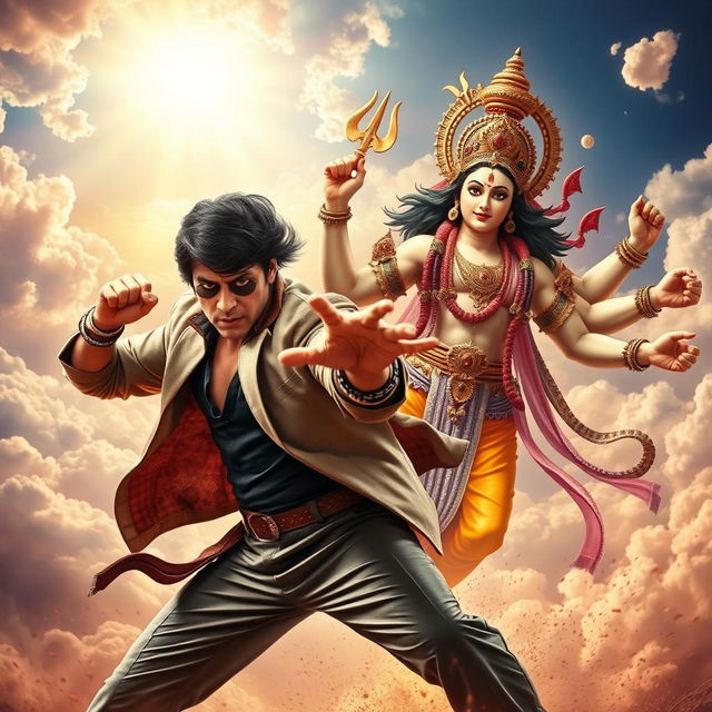 A dramatic and dynamic scene depicting a fictional fight between the iconic Bollywood star Shahrukh Khan and the Hindu deity Lord Vishnu