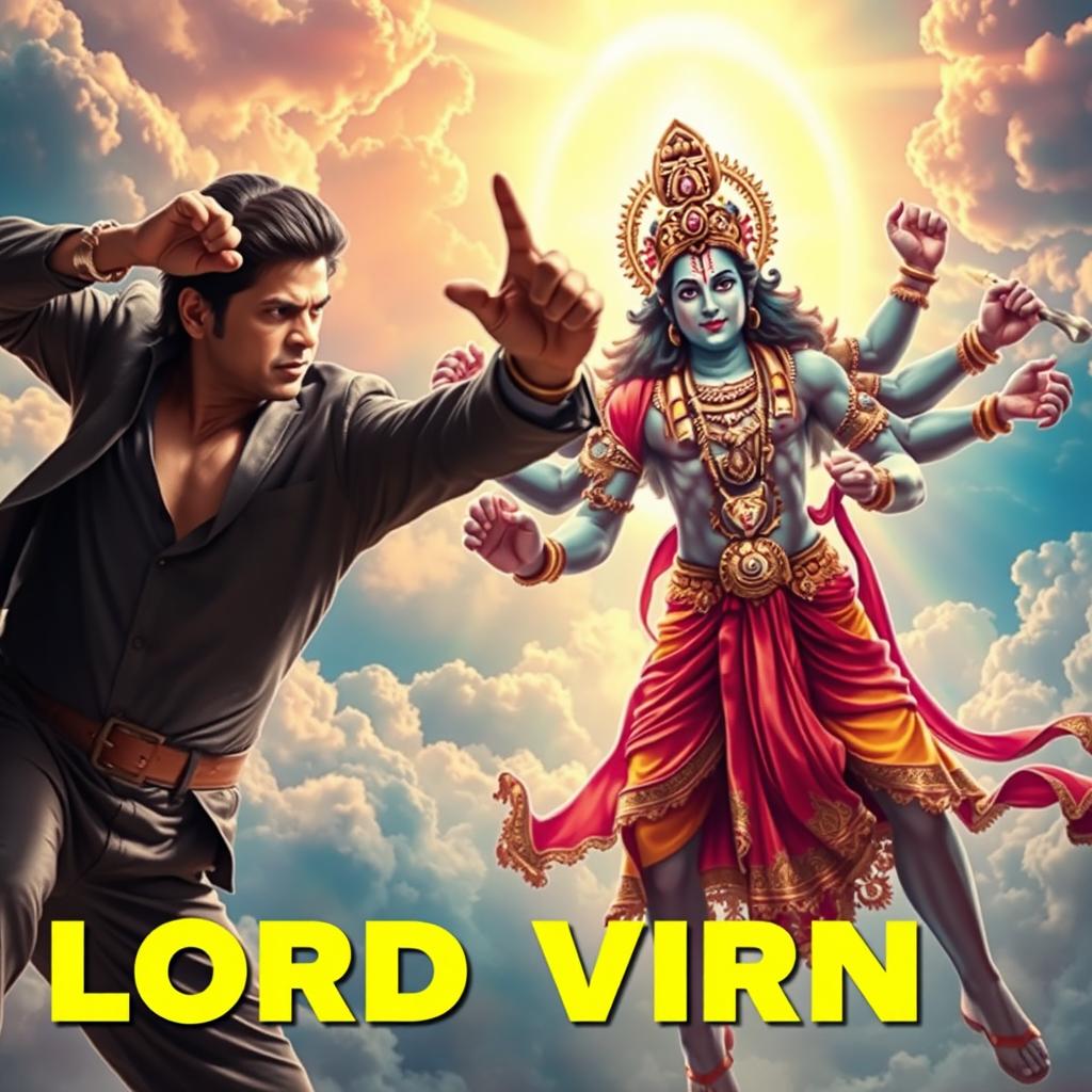 A dramatic and dynamic scene depicting a fictional fight between the iconic Bollywood star Shahrukh Khan and the Hindu deity Lord Vishnu