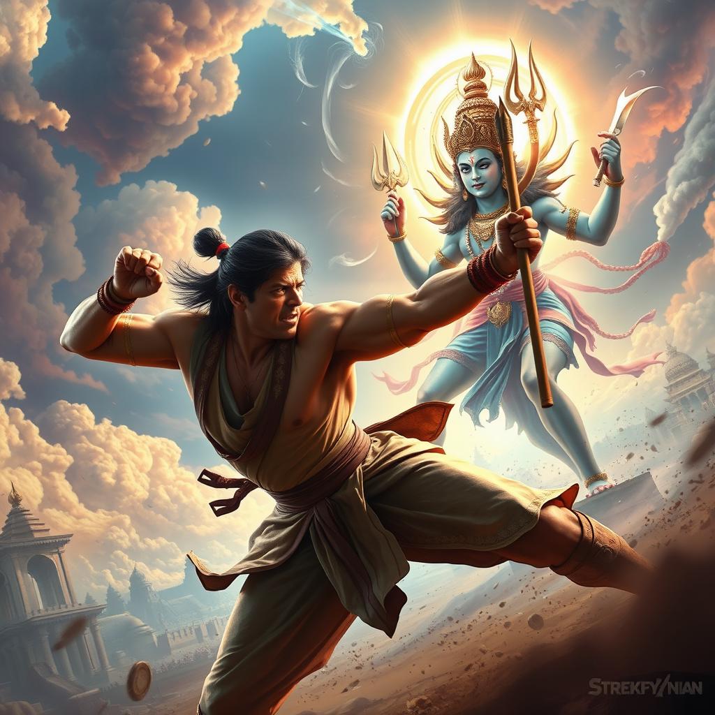 An epic fantasy scene depicting Shahrukh Khan, in a fierce and dynamic pose, engaged in a dramatic battle against Lord Vishnu