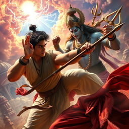 An epic fantasy scene depicting Shahrukh Khan, in a fierce and dynamic pose, engaged in a dramatic battle against Lord Vishnu