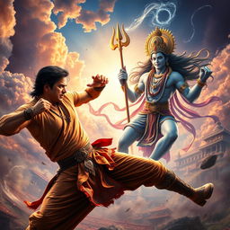 An epic fantasy scene depicting Shahrukh Khan, in a fierce and dynamic pose, engaged in a dramatic battle against Lord Vishnu