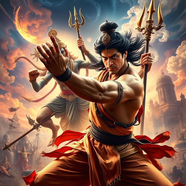 An epic fantasy scene depicting Shahrukh Khan, in a fierce and dynamic pose, engaged in a dramatic battle against Lord Vishnu