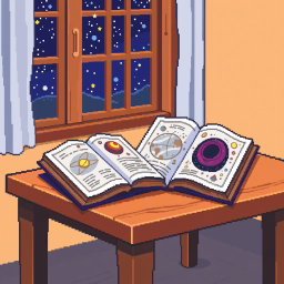 A colorful 32-bit pixel art style illustration featuring several astronomy books opened on a wooden table