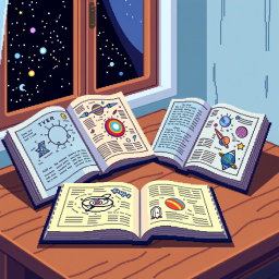 A colorful 32-bit pixel art style illustration featuring several astronomy books opened on a wooden table