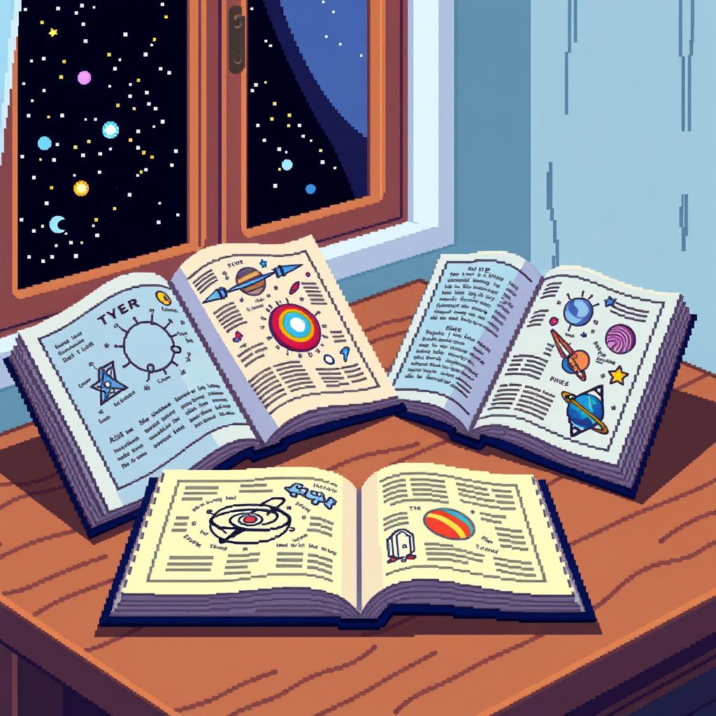 A colorful 32-bit pixel art style illustration featuring several astronomy books opened on a wooden table