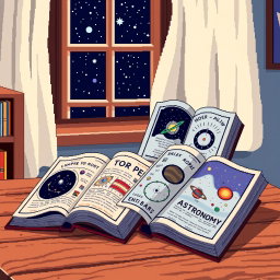 A colorful 32-bit pixel art style illustration featuring several astronomy books opened on a wooden table
