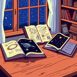 A colorful 32-bit pixel art style illustration featuring several astronomy books opened on a wooden table