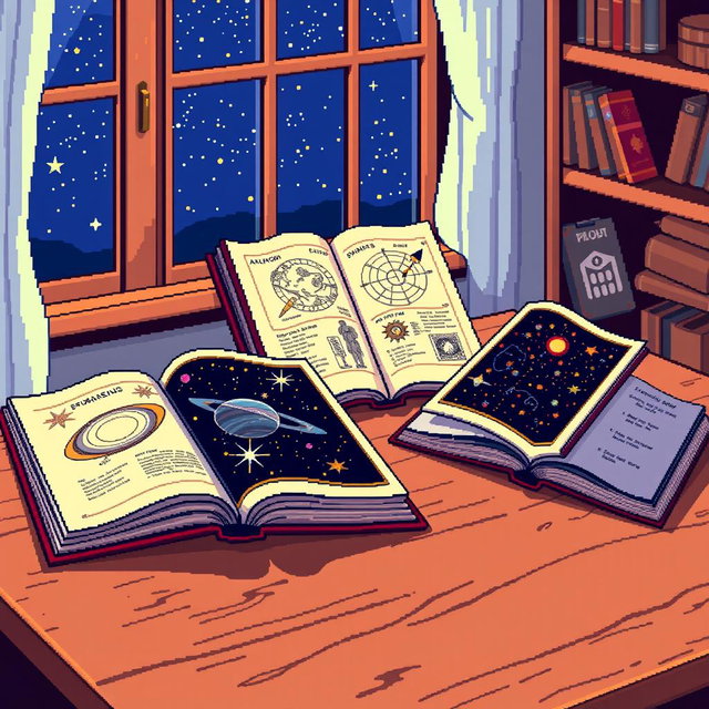 A colorful 32-bit pixel art style illustration featuring several astronomy books opened on a wooden table