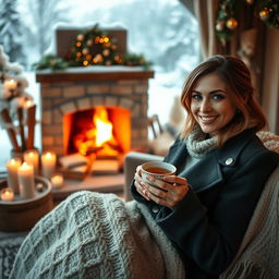 A cozy winter scene featuring a warm and inviting fireplace in the background, surrounded by snow-covered trees and a picturesque winter landscape