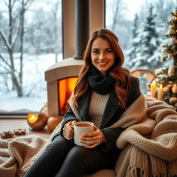 A cozy winter scene featuring a warm and inviting fireplace in the background, surrounded by snow-covered trees and a picturesque winter landscape