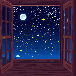 A pixel art depiction of a starry sky viewed through a window, rendered in 32-bit style