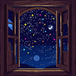 A pixel art depiction of a starry sky viewed through a window, rendered in 32-bit style