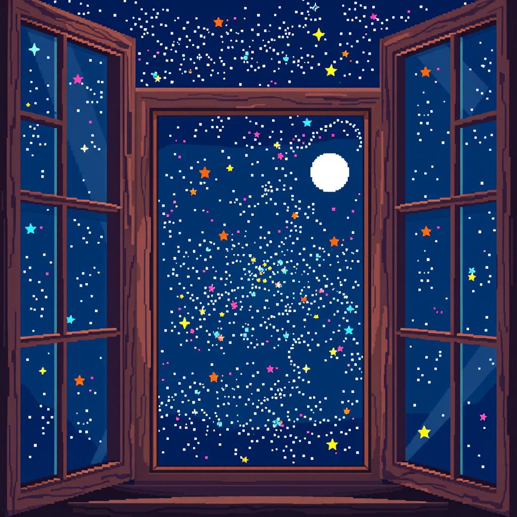 A pixel art depiction of a starry sky viewed through a window, rendered in 32-bit style