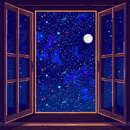 A pixel art depiction of a starry sky viewed through a window, rendered in 32-bit style